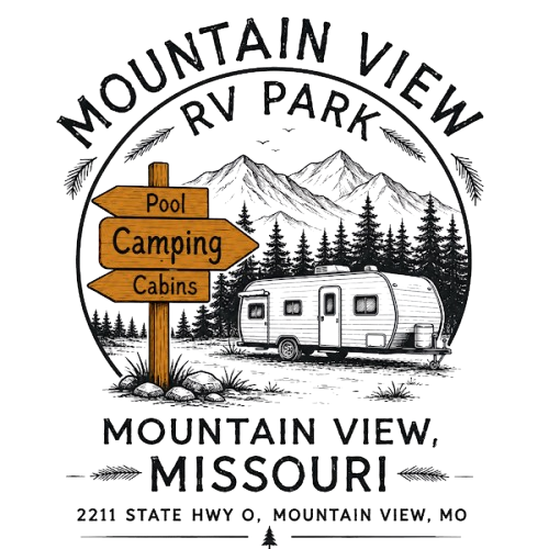 Mountain View RV Park logo with campground sign and trailer